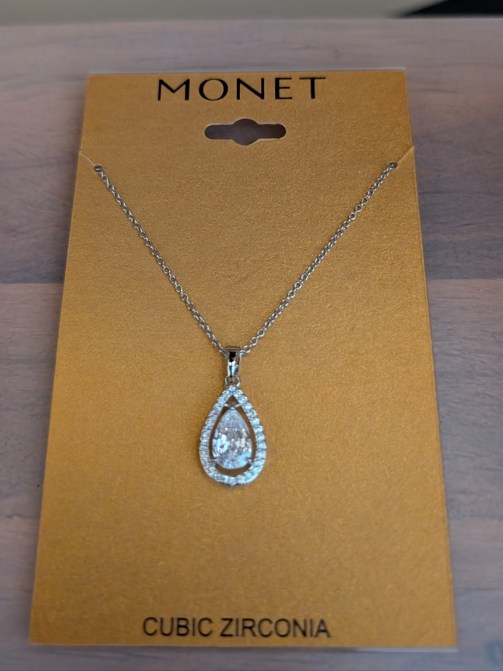 Monet Silver Teardrop Necklace with Clear Stones